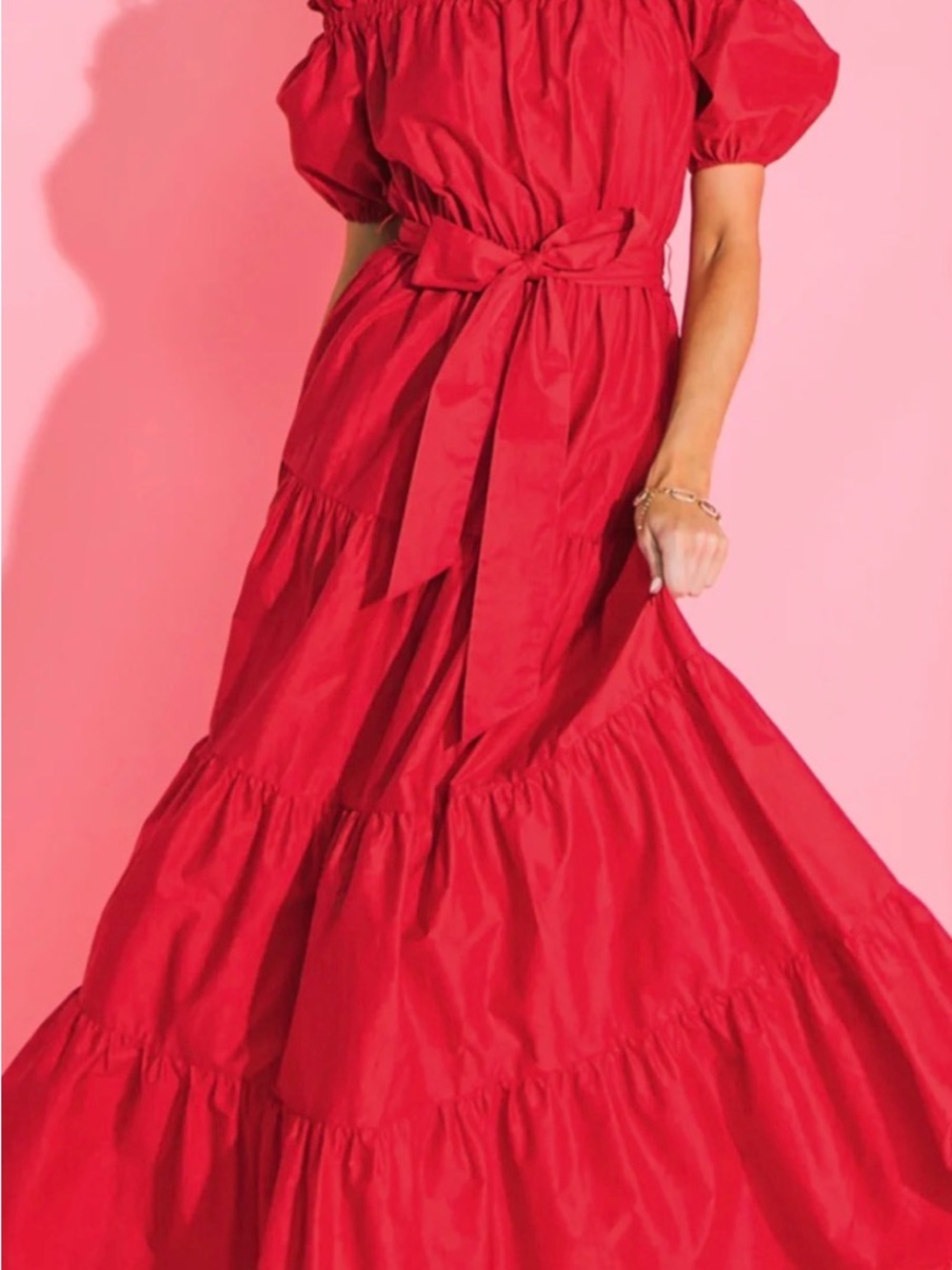 Flying Tomato Red Tiered Maxi Dress with Puff Sleeves and Waist Tie